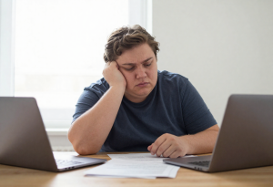 Tired adult sitting at a desk looking exhausted, representing fatigue from an underactive thyroid