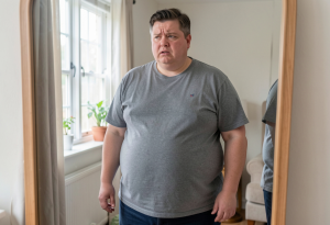 Person showing signs of growth hormone imbalance reflected in body and mood