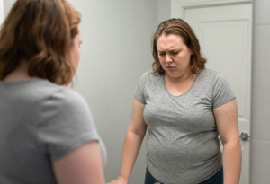 Person showing signs of cortisol imbalance with weight gain and low mood”