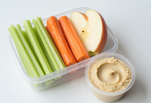 Fresh celery sticks, carrot sticks, and apple slices with a small container of hummus, ready-to-eat snack