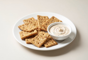Six whole-grain crackers on a plate with a small bowl of low-fat dip, ready-to-eat snack