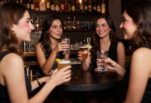 why does my face go red when drinking alcohol - Friends at a cocktail bar enjoying drinks and practicing moderation