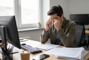 Tired office worker showing effects of stress on cortisol”