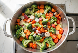 Cooking a mix of fresh and frozen vegetables for a healthy meal.