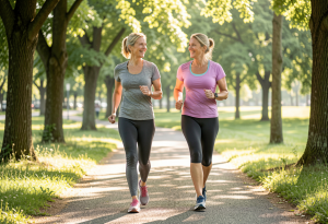 what is menopause - Two women in their 50s walking outdoors, enjoying exercise and healthy lifestyle during menopause