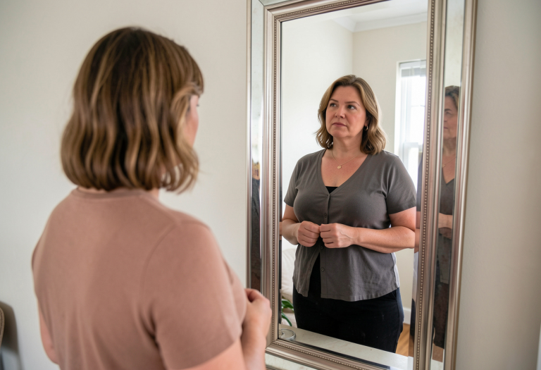 Woman looking at herself in the mirror, reflecting on body changes during perimenopause