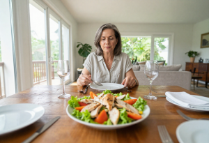 Woman in her 50s eating a healthy chicken salad, representing menopause-friendly lifestyle and nutrition