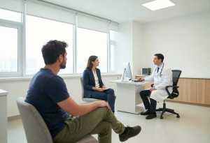 Adult consulting doctor about thyroid health