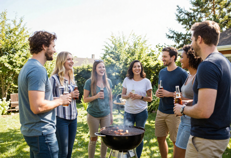 People laughing and enjoying drinks at an outdoor BBQ