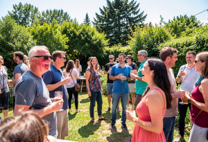 Person with flushed face at an outdoor gathering holding a drink