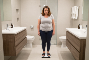 Midlife woman standing on a scale, looking concerned about menopause-related weight changes