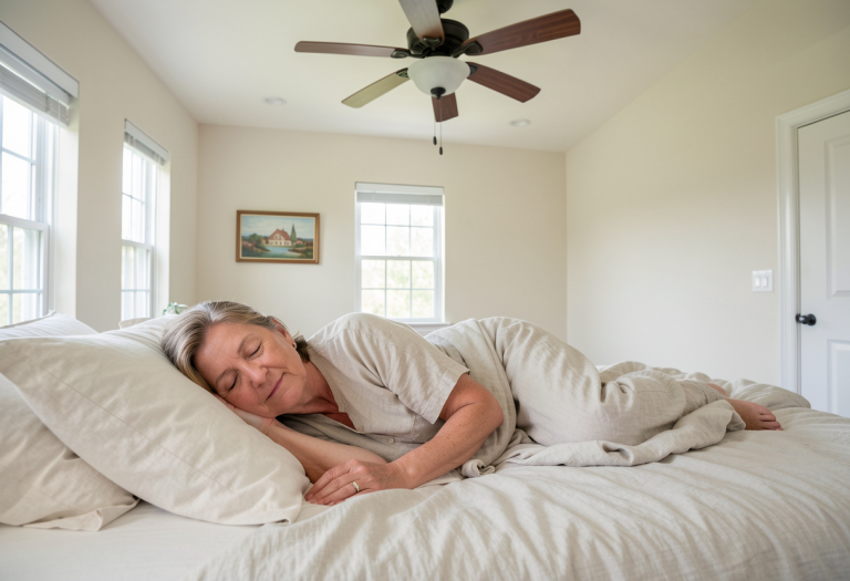 Woman sleeping peacefully in a cool, breathable bedroom setting, illustrating natural relief from night sweats