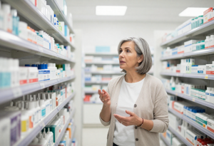 Woman consulting a pharmacist in a chemist about menopause night sweats