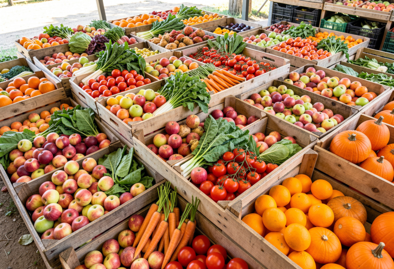 Fresh fruits and vegetables stacked in crates, representing clean eating.