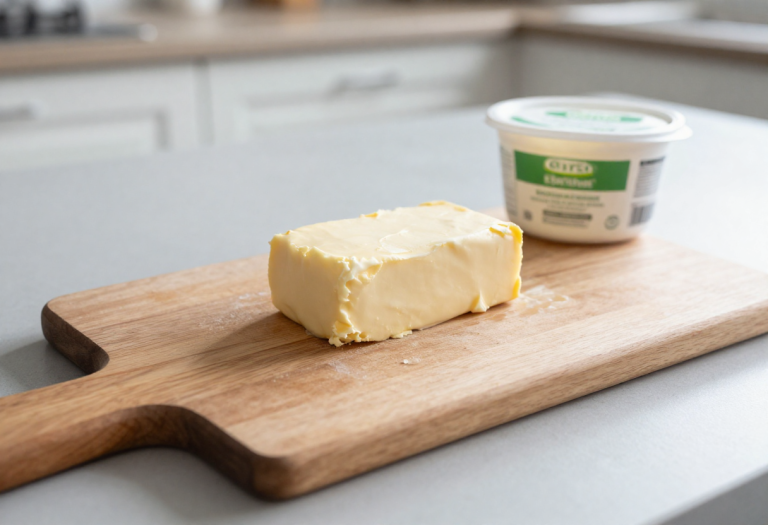 is butter healthier than margarine - Butter block and margarine tub side by side, illustrating the difference.