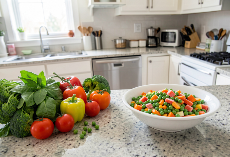 are frozen vegetable health y- Fresh and frozen vegetables side by side on a kitchen counter.