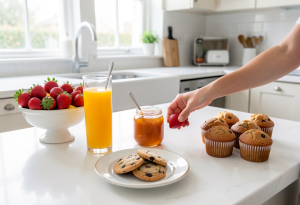 Fresh fruit, juice, honey, cookies, and muffins arranged on a kitchen counter to illustrate simple carbohydrates, both natural and processed.