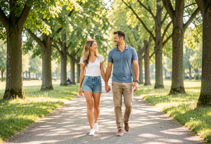 difference between complex and simple carbohydrates - Happy couple walking outdoors with energy and vitality, representing the benefits of a balanced carbohydrate intake.