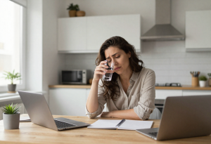 Woman looking mildly fatigued while holding a glass of water, illustrating possible effects of low sodium levels.