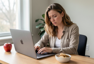 Woman at a desk looking tired with an apple, cookies, and whole-grain pasta, illustrating simple and complex carbohydrate choices.