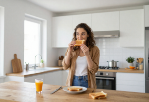 Woman preparing a breakfast with oatmeal, fruit, and toast, illustrating carbohydrates as a source of energy.
