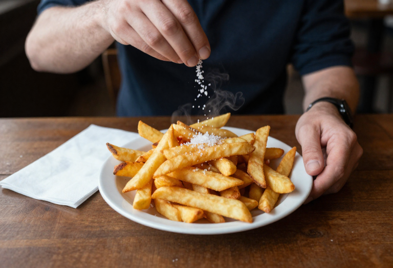 Person sprinkling salt on a plate of hot chips, illustrating salt consumption in everyday foods.