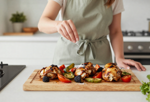 Woman lightly seasoning a home-cooked meal with fresh herbs and vegetables, illustrating balanced salt use.