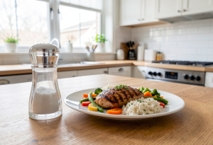 Salt shaker beside a home-cooked meal and a packaged food nutrition label, illustrating the difference between salt and sodium sources.