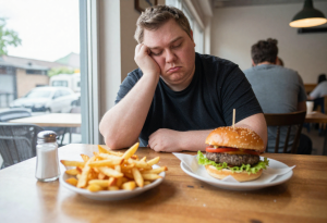 Plate of salty fast food with a person looking slightly fatigued, illustrating high salt intake.