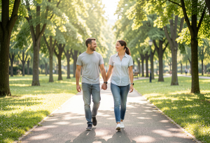 what salt does to your body - Happy couple walking outdoors with energy and vitality, representing balanced nutrition and healthy salt intake.