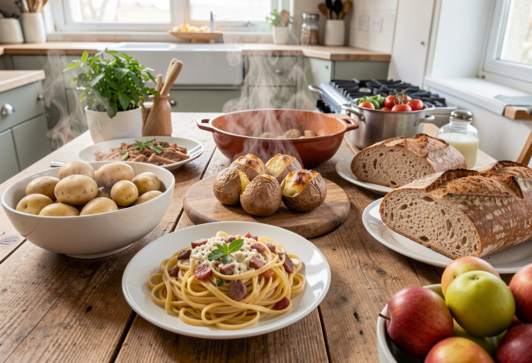 Plate of pasta, baked potatoes, whole grain bread, and fruit illustrating common carbohydrate-rich foods.