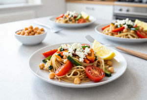 Plate of whole-grain pasta with canned chickpeas, colorful Mediterranean vegetables, and crumbled feta, with extra chickpeas and vegetables on the side.