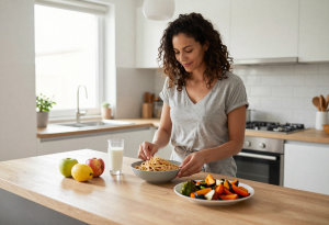 Woman preparing a balanced meal with whole-grain pasta, roasted vegetables, beans, and fruit, illustrating practical carbohydrate choices.