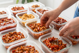 healthy pasta recipes - Person portioning freshly cooked pasta dishes into containers for freezing, with vibrant vegetables and sauces visible.