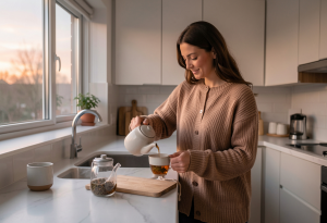 Attractive adult enjoying herbal tea as part of a healthy bedtime routine to sleep better tonight.