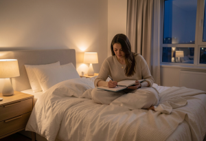 Attractive adult sitting up in bed writing in a sleep diary to track sleep and improve sleep habits.