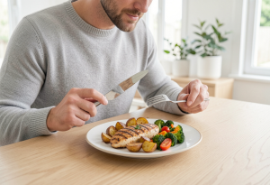 Person eating a balanced meal with grilled chicken, roasted potatoes, and vegetables