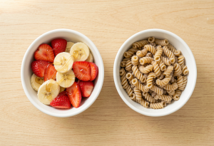 Comparison of simple carbs (fruit and honey) and complex carbs (whole-grain pasta or roasted potatoes)