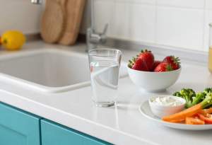 Glass of water, bowl of fresh fruit, and vegetable sticks with dip on a kitchen counter, illustrating hydration strategies for menopause