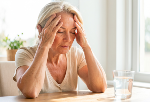 Middle-aged woman with a glass of water, gently wiping sweat from her forehead, illustrating hydration during menopause