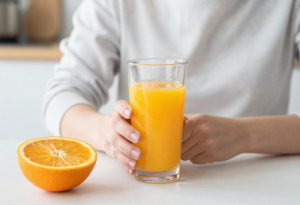 Person drinking fresh orange juice with an orange on the side, rich in vitamin C