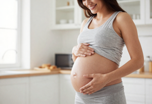 Smiling pregnant woman holding her belly, illustrating the importance of iron for pregnancy and health”