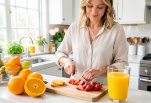 Woman cutting oranges and strawberries in a kitchen, preparing vitamin C-rich foods for daily intake