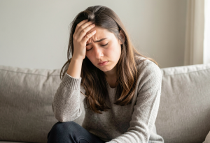 Tired woman sitting on a couch holding her forehead, illustrating fatigue and low energy from iron deficiency
