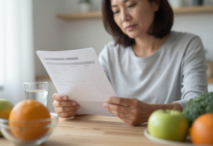 does menopause cause dehydration - Middle-aged woman with a glass of water and healthy snacks, referencing a guide, illustrating menopause hydration tips and common questions