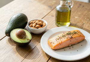 Avocado, almonds, olive oil, and cooked salmon on a wooden table, representing common sources of healthy fats.