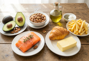 Avocado, nuts, salmon, olive oil, croissant, butter, and french fries on a wooden table, showing a comparison of healthy and unhealthy fats for myth-busting.