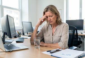 Middle-aged woman looking tired at a desk, holding a glass of water, illustrating common dehydration symptoms during menopause