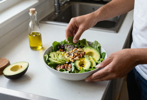 Person preparing a salad with avocado, nuts, seeds, and olive oil, representing healthy fat sources in a balanced meal.