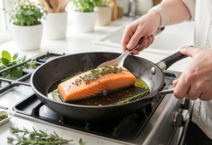 Person cooking a salmon fillet in a skillet with olive oil and herbs, representing a healthy fat source for a balanced diet.